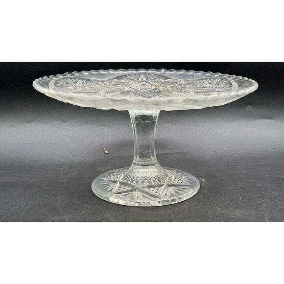VTG Pressed Glass Pedestal Cake Stand 8.25" Scalloped Edge Starburst Design - Picture 1 of 8
